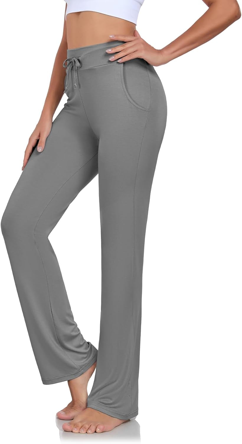 Womens Yoga Pants with Pockets Straight-Leg Loose Comfy Modal Drawstring Lounge Running Long Active Casual Sweatpants