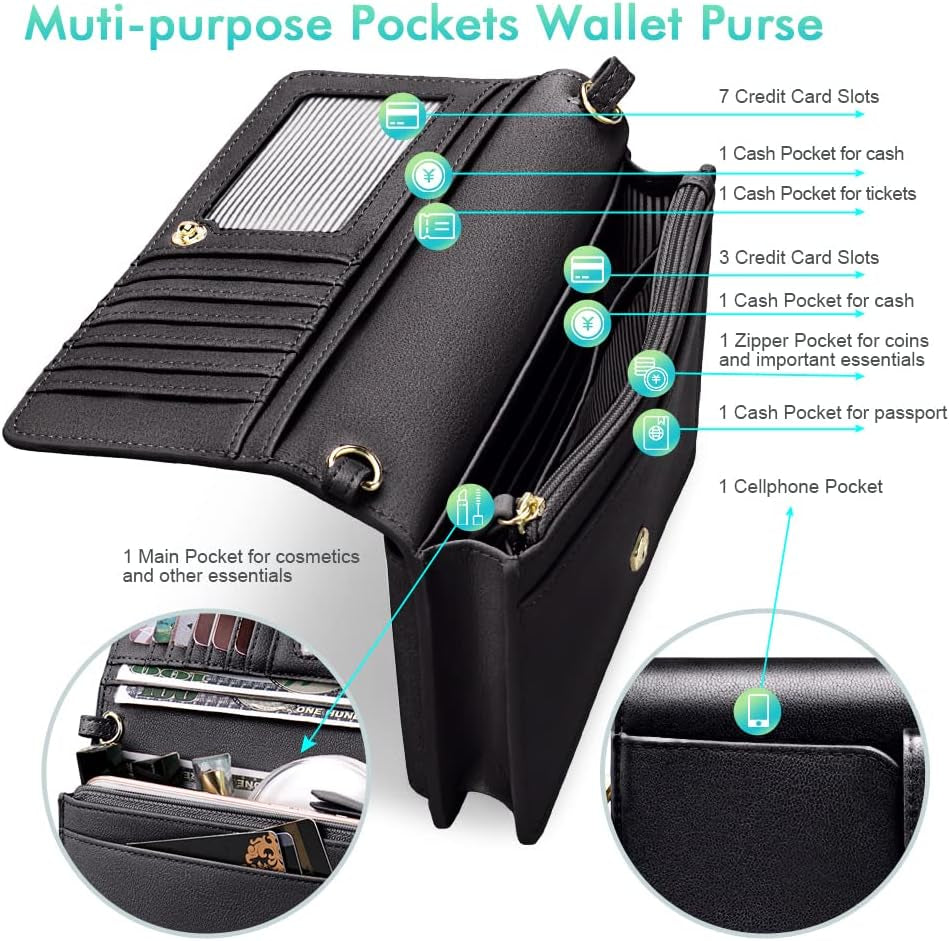 Women Small Crossbody Bag Cellphone Purse Wallet with RFID Card Slots 2 Straps Wristlet(Max 6.5'')